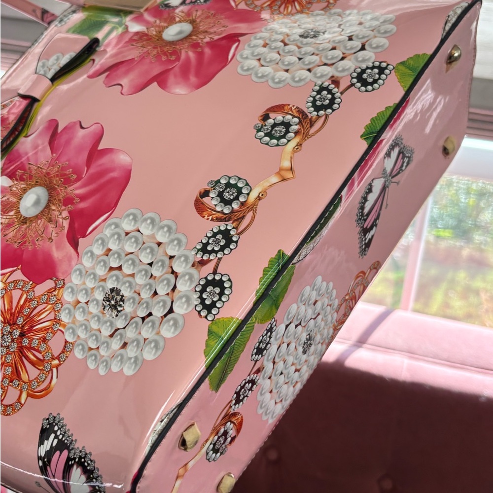 Pink Floral Patent Tote Bag with Pearl and Jewel Accent - Picture 5 of 5